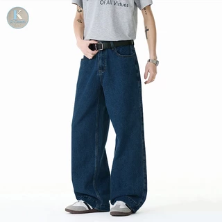 Baggy S-5XL กางเกงยีนส์ขายาวทรงตรงสีน้ำเงินเข้มแบบดิบๆ สำหรับผู้ชาย สวมใส่ได้หลายโอกาส