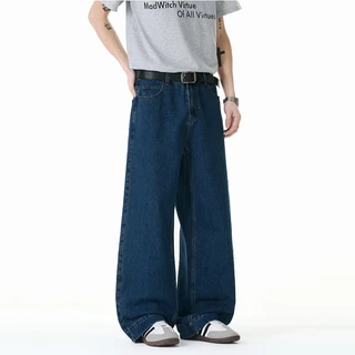 Baggy S-5XL กางเกงยีนส์ขายาวทรงตรงสีน้ำเงินเข้มแบบดิบๆ สำหรับผู้ชาย สวมใส่ได้หลายโอกาส