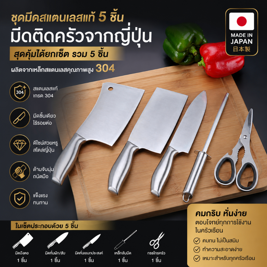 มีดทำครัว 5 ชิ้น มีดเชฟ มีดทำครัว ชุดเซ็ทมีด แสตนเลสแท้ 304 ไร้สนิม คมนาน No.KC2