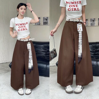 Reallyshops #9509(K) กางเกงขาวยาวทรงกระบอกใหญ่+เข็มขัดแต่ง เอวยางยืด ผู้หญิง พร้อมส่ง