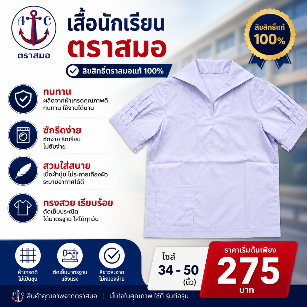 [ มีบิลสำหรับเบิก รร. ให้ค่ะ ] เสื้อนักเรียน ปกทหารเรือ ตราสมอ รหัส SA1040100
