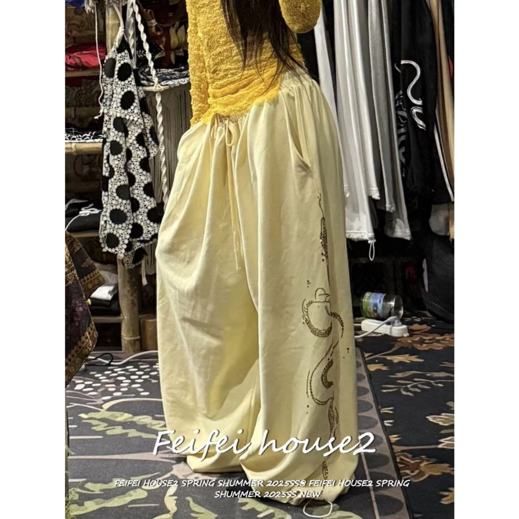 [Snake Print Rhinestone Trousers]อเมริกันลำลองวินเทจกางเกงขากว้างหลวมลายงูประดับคริสตัลรอยย่น