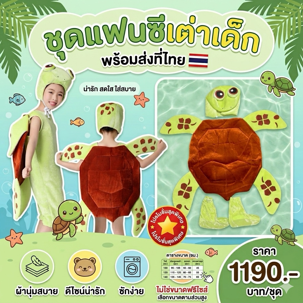 ชุดแฟนซีเด็ก ชุดเต่าทะเลสำหรับเด็ก มาเป็นชุดเต่า เครื่องหัว และปลอกขา (FANCY464)
