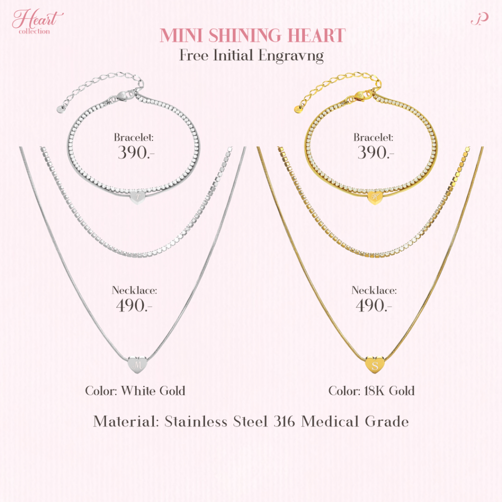 panjewelth Mini Shining Heart สร้อยคอ กำไล จี้หัวใจสลักฟรี1อักษร สแตนเลส316 ไม่ลอกไม่ดำ ของขวัญ LS0279