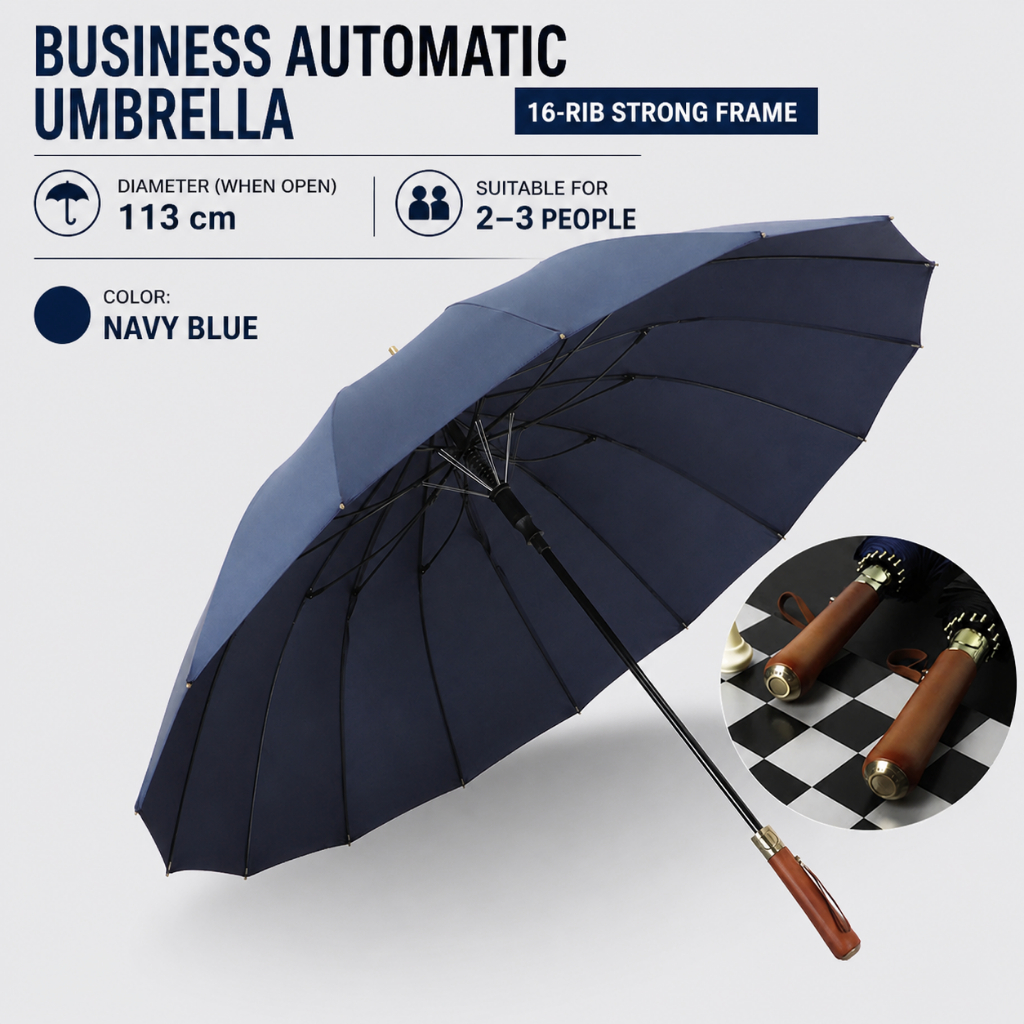Business Automatic Umbrella - ร่มยาว ร่มอัตโนมัติ ด้ามไม้ 16 แกน ร่มขนาดใหญ่