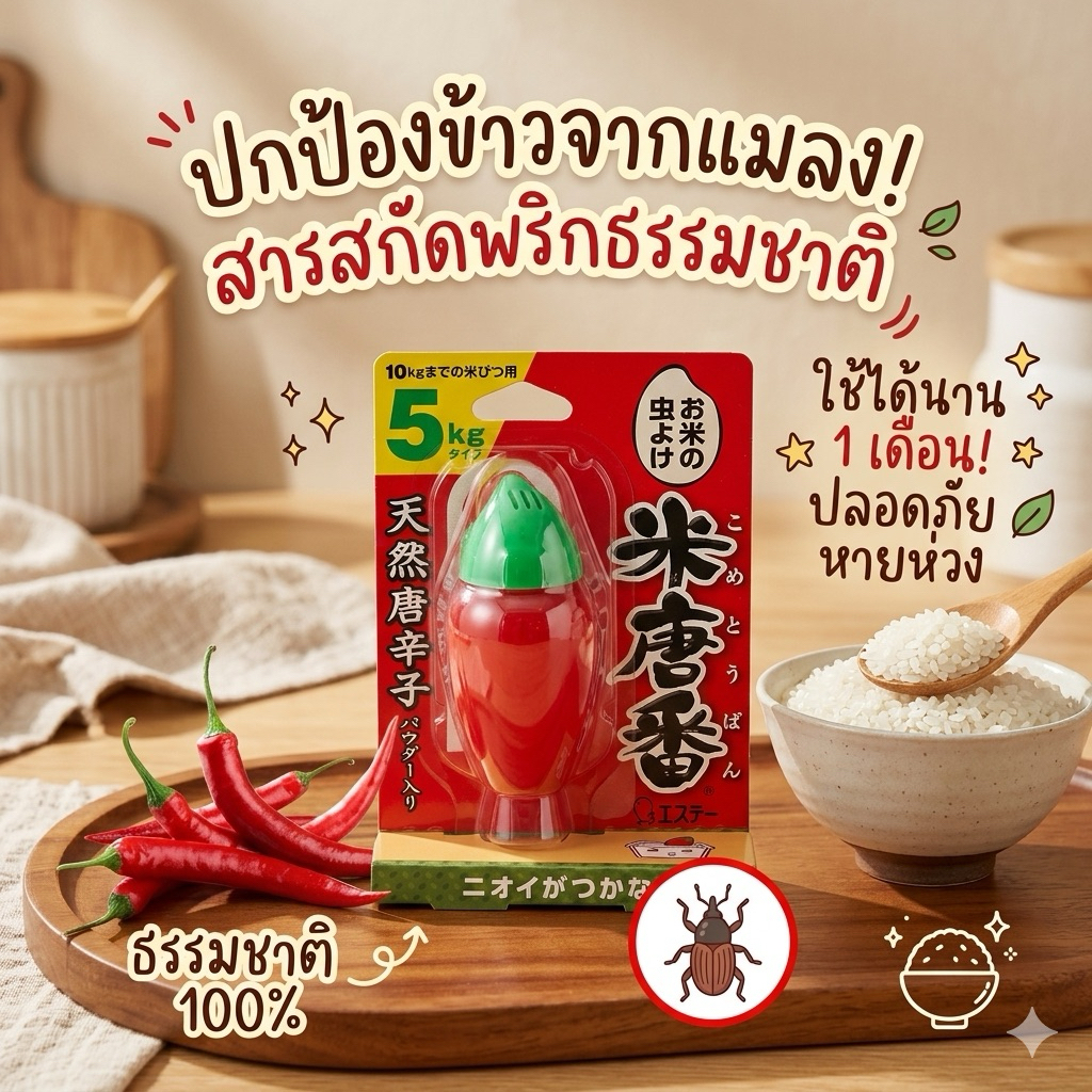 ‼️ของแท้จากญี่ปุ่น‼️ปกป้องข้าวจากน้องมอด ด้วยพลังพริกธรรมชาติ Rice Karaban 5 kg. เจลไล่มอดรูปทรงพริกสุดน่ารัก