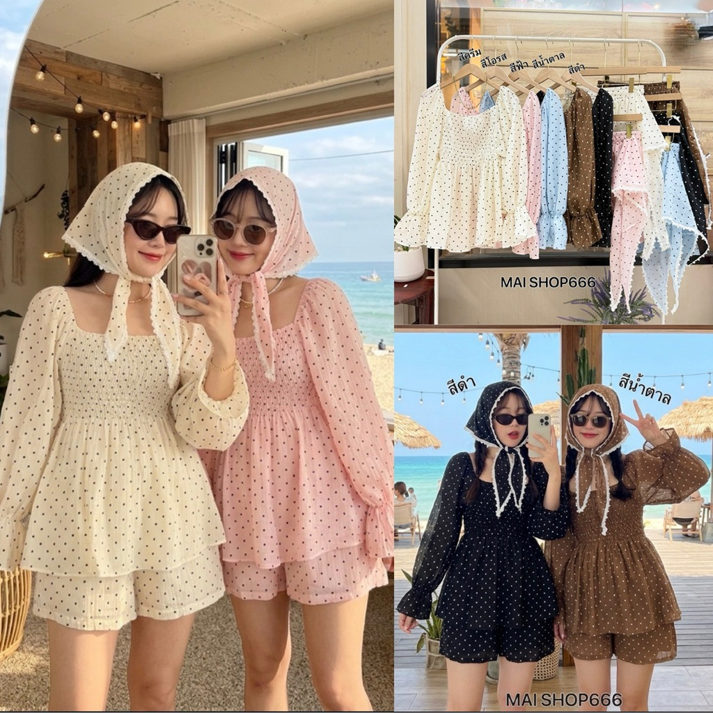 /MS/ ชุดเซ็ต 3 ชิ้น Polka Dot ไซส์อก 34-54 เสื้อ+กางเกงสม็อครอบ+ผ้าโพกแต่งลูกไม้ น่ารักมากๆเลยย #พลัสไซส์