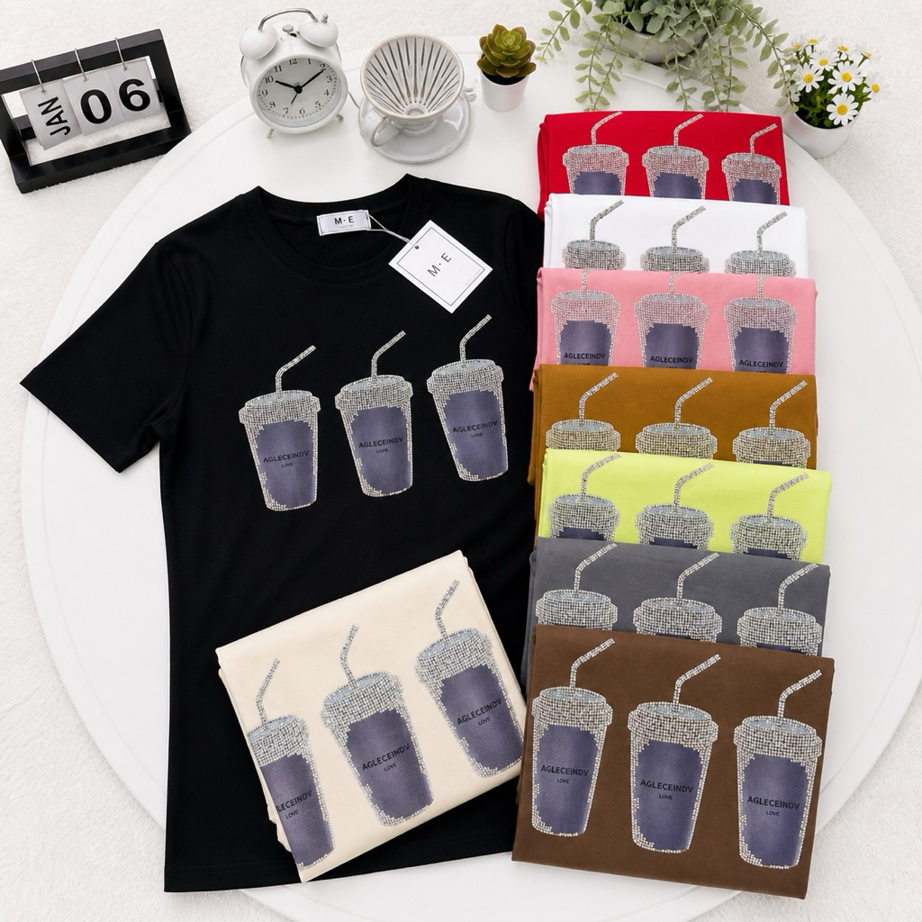 เสื้อยืดคอกลมแขนสั้น รีดเพชร ลายแก้วสามใบ ป้าย ME เนื้อผ้านุ่ม ยืดได้เยอะ