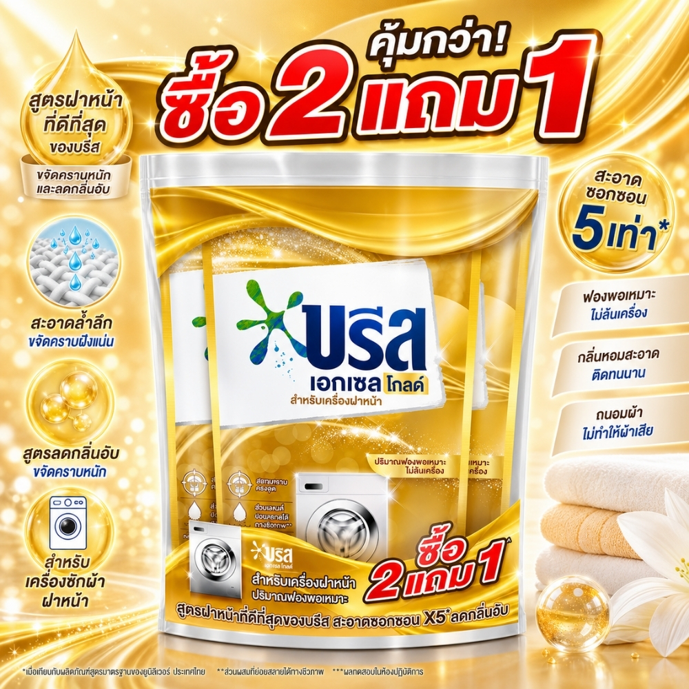 [6ถุง] บรีส เอกเซล โกลด์ น้ำยาซักผ้า สำหรับเครื่องฝาหน้า 1500มล.