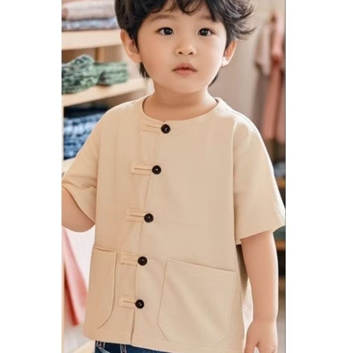 เสื้อผ้าฝ้ายเด็กชาย คอกลมกระดุมผ่าหน้า สไตล์ออริจินอล เชียงใหม่ สีพื้น