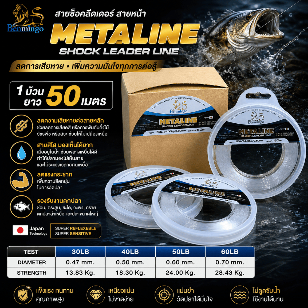 [ ของแท้ ]  สายช๊อคลีดเดอร์ Shock Leader Benmingo METALINE ยาว 50 เมตร รองรับงานตกปลาช่อน กระสูบ ชะโด Fishing Line