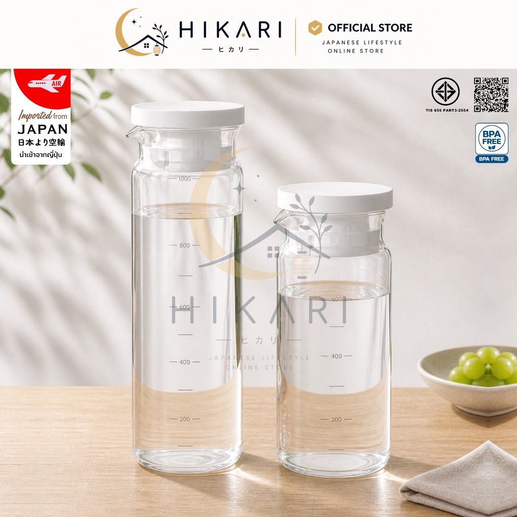 HIKARI เหยือกน้ำแก้ว 1 ลิตร เหยือกน้ำแก้วหนา เหยือกน้ำทนความร้อน เหยือกน้ำใส่ตู้เย็น มินิมอล มีสเกล มาตรฐานญี่ปุ่น