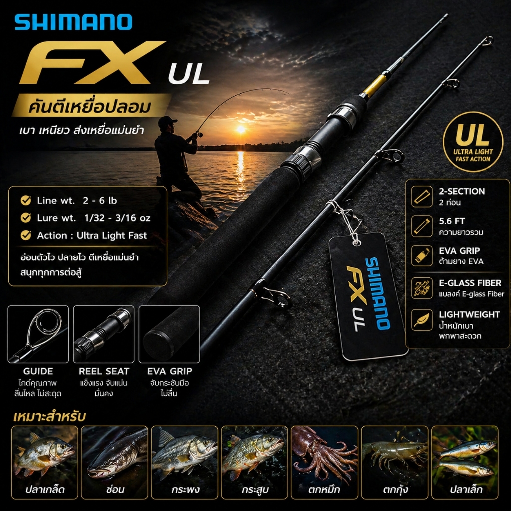 [ ของแท้ ]  คันตีเหยื่อปลอม UL SHIMANO FX Line wt. 2-6 lb ยาว 5.6 ฟุต 2 ท่อน ของแท้ 100%