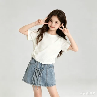 MC269 ชุดเด็กผู้หญิงสไตล์เกาหลี เสื้อยืดขาว กระโปรงยีนส์แต่งเชือก