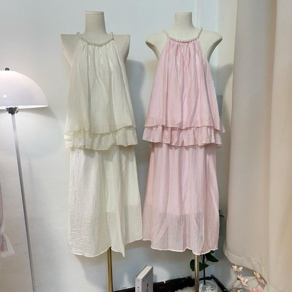 Wendystore182 (ชุดเซตเสื้อสายมุก) พร้อมกระโปรงยาวผ้าโรซี่ ซับในทั้งชุด