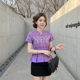 LANNA - เสื้อคอจีนระบายเอว เสื้อผู้หญิง เสื้อใส่ทำงาน ทรงสวยเข้ารูป ผ้าฝ้ายพิมพ์ลายสวยมากค่ะ