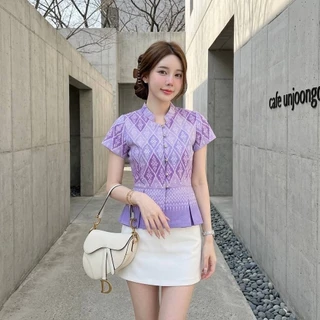 LANNA - เสื้อคอจีนระบายเอว เสื้อผู้หญิง เสื้อใส่ทำงาน ทรงสวยเข้ารูป ผ้าฝ้ายพิมพ์ลายสวยมากค่ะ