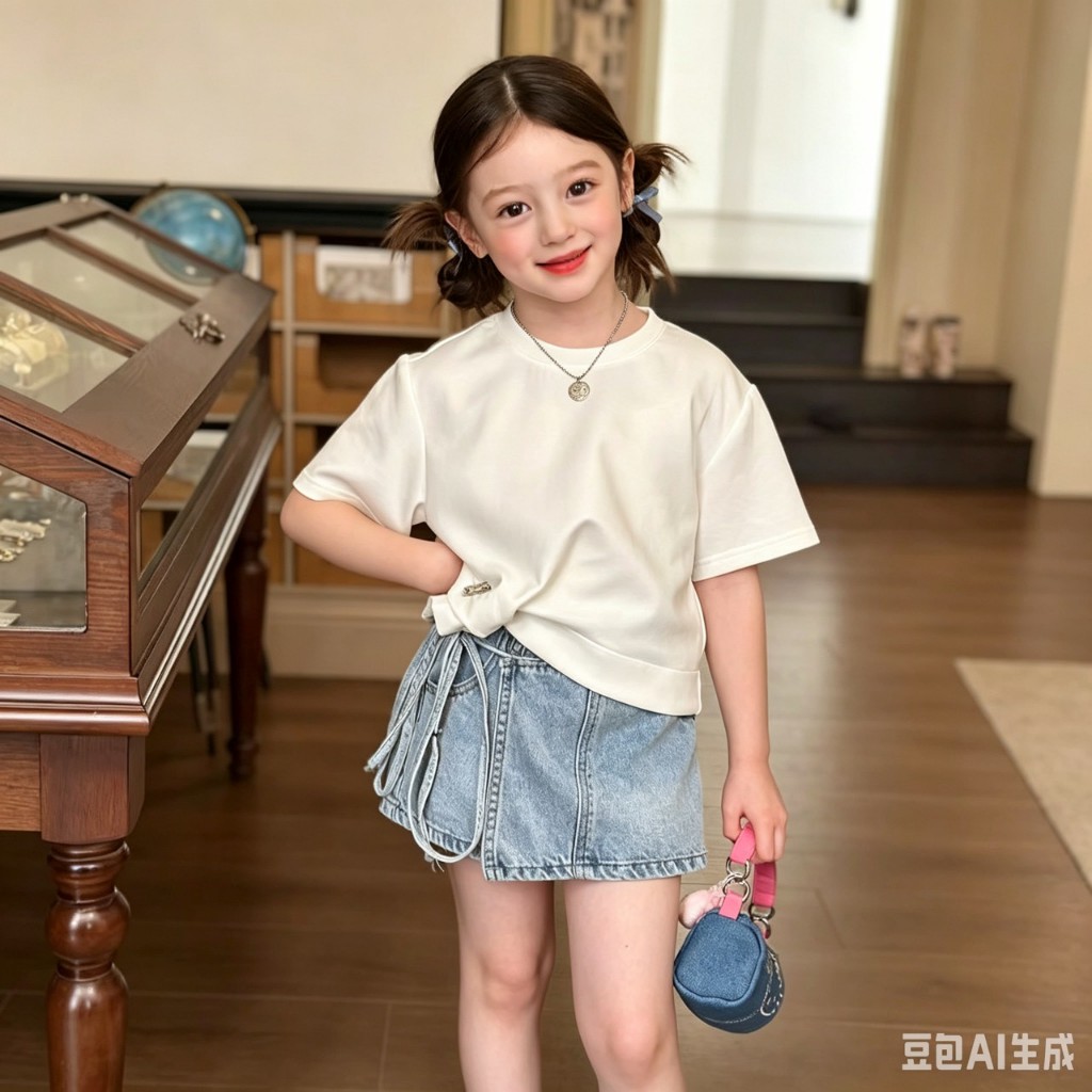 AY269  ชุดเด็กผู้หญิง เสื้อยืดขาว กระโปรงยีนส์ผูกเชือก ลุคเกาหลี