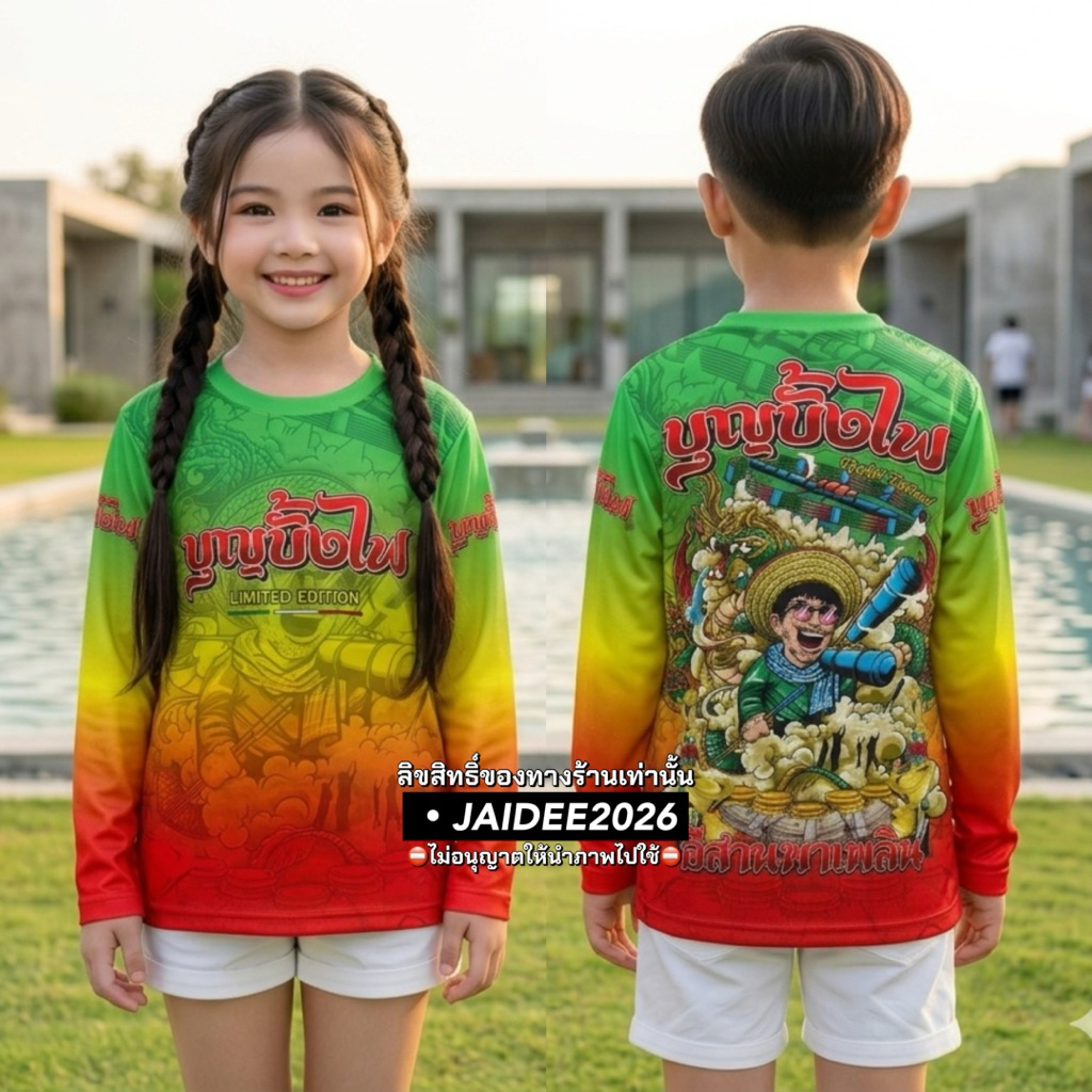 เสื้อบุญบั้งไฟเด็ก รุ่นแขนยาว ผ้าไมโครกีฬาพิมลายสวยๆ(รหัส B01)