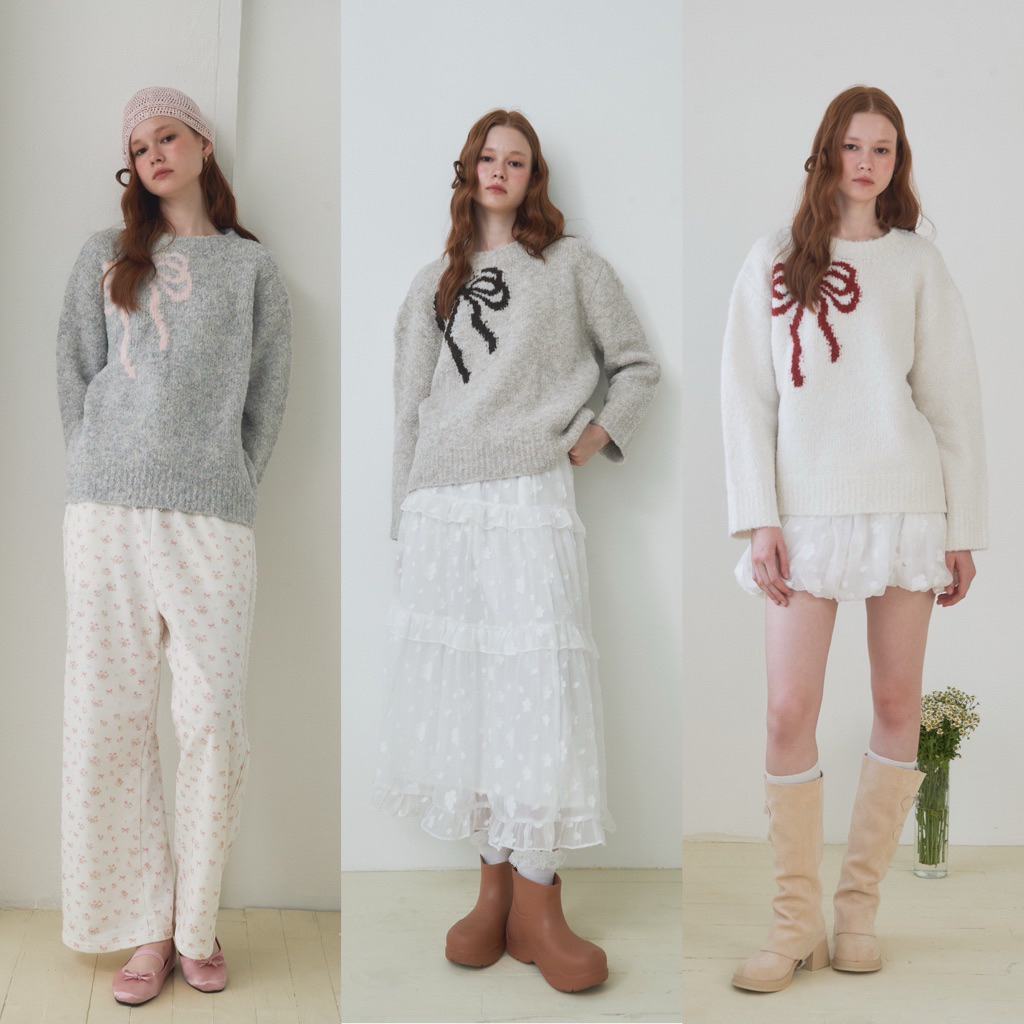 [umore.made] Ribbon souffle sweater เสื้อไหมพรมลายโบว์ เนื้อไหมพรมอุ่นพิเศษ ใส่สบาย ดีเทลน่ารักมาก