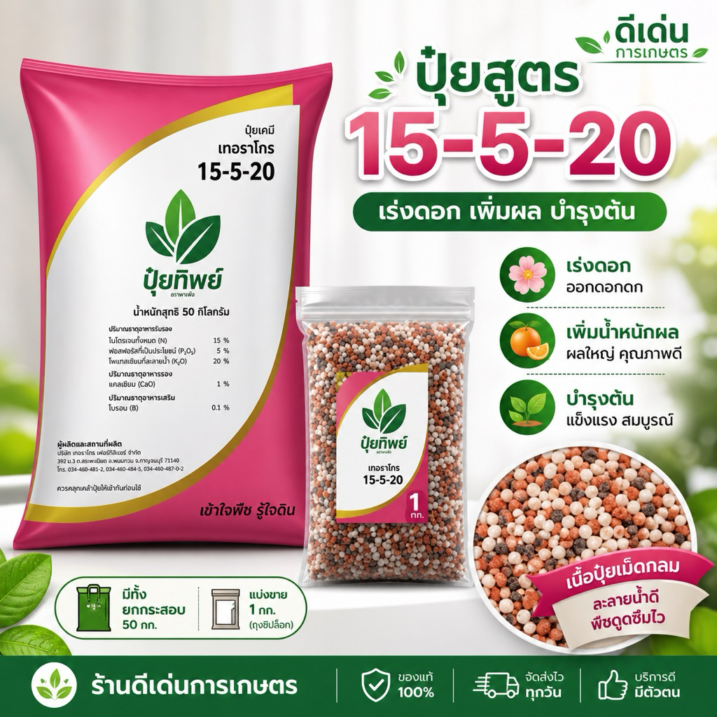 ปุ๋ย 15-5-20 +MgO+B 1 kg เร้งต้น เพิ่มขนาด เพิ่มความหวาน แบ่งขาย 1kg.