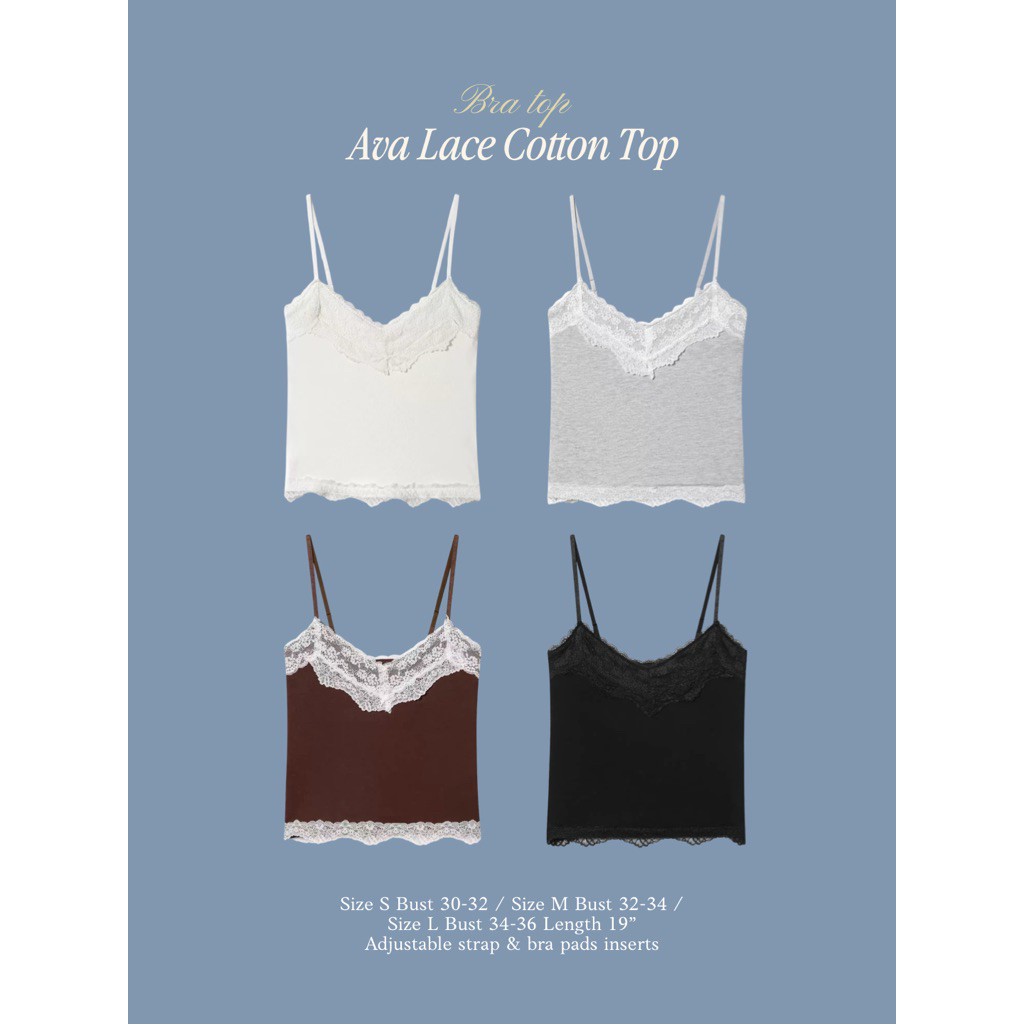 SAY APPAREL: Ava lace cotton top สายเดี่ยวแต่งขอบลูกไม้ผ้ายืด