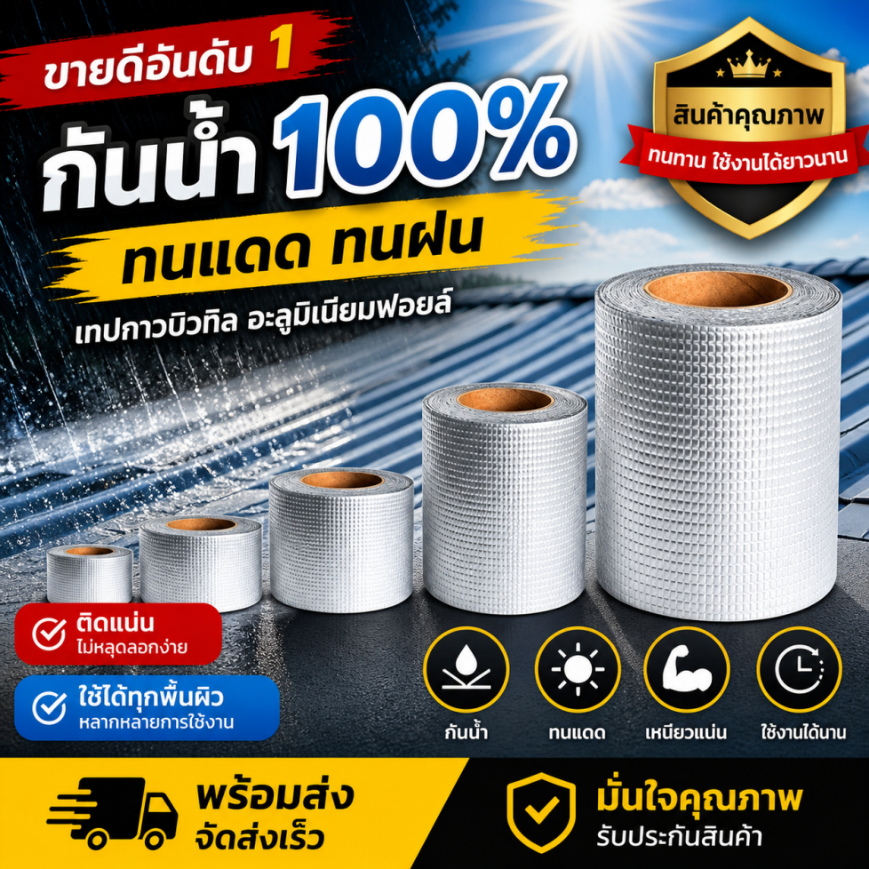 เทปกาวกันน้ำ เทปกาวทิวบิล เทปกาว อะลูมิเนียมฟอยล์ กันน้ำ เทปกันน้ำกันการรั่วซึมคุณภาพดี  เทปกันรั่ว กันน้ำยาว 5เมตร