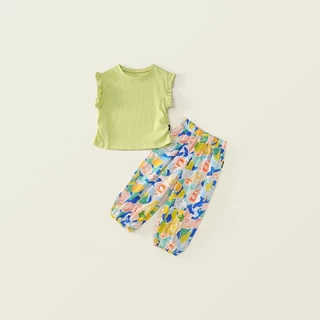 Hania kids พร้อมส่ง ชุดเช็ตเสื้อแขนกุดระบายพร้อมกางเกงขายาวใส่แล้วน่ารัก สไตล์เกาหลี ชุดเซต 2 ชิ้น - K5125693