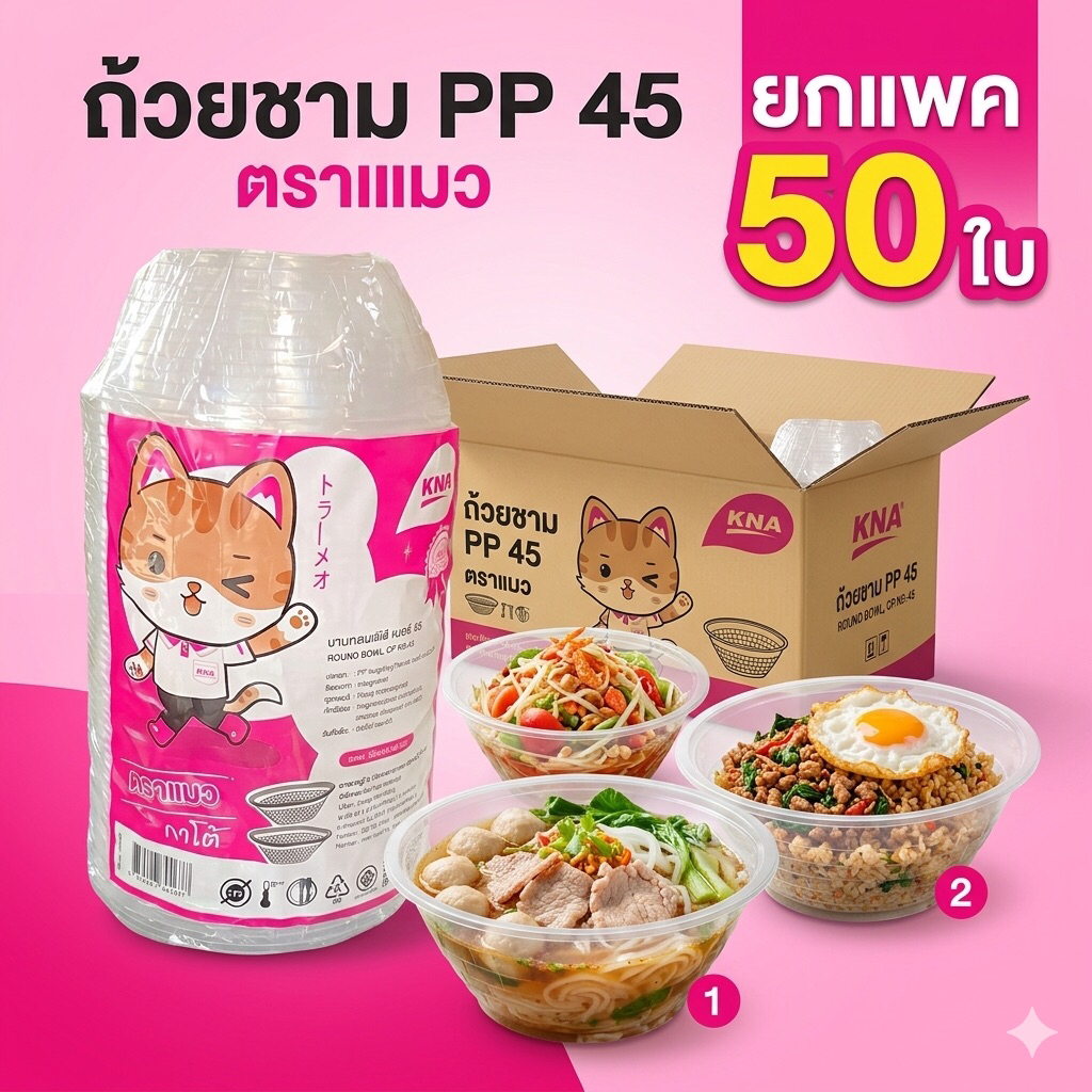 ชามพลาสติก PP เบอร์ 45 ตราแมว (กาโต้) แพค 50 ใบ