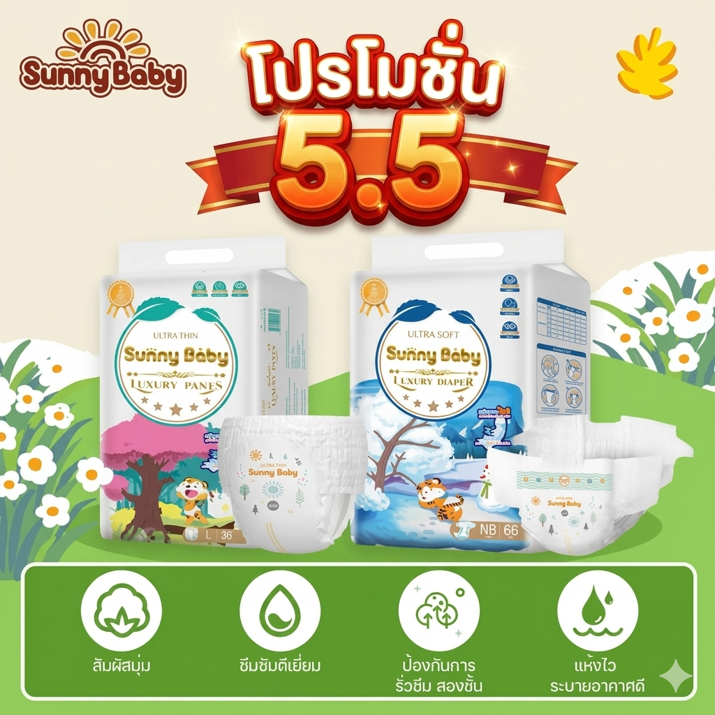 Sunny Baby Luxury Pants ไซส์ S-XXL แพมเพิส แพมเพิสเด็ก ซันนี่เบบี้ ผ้าอ้อมแบบกางเกง ผ้าอ้อมสำเร็จรูป