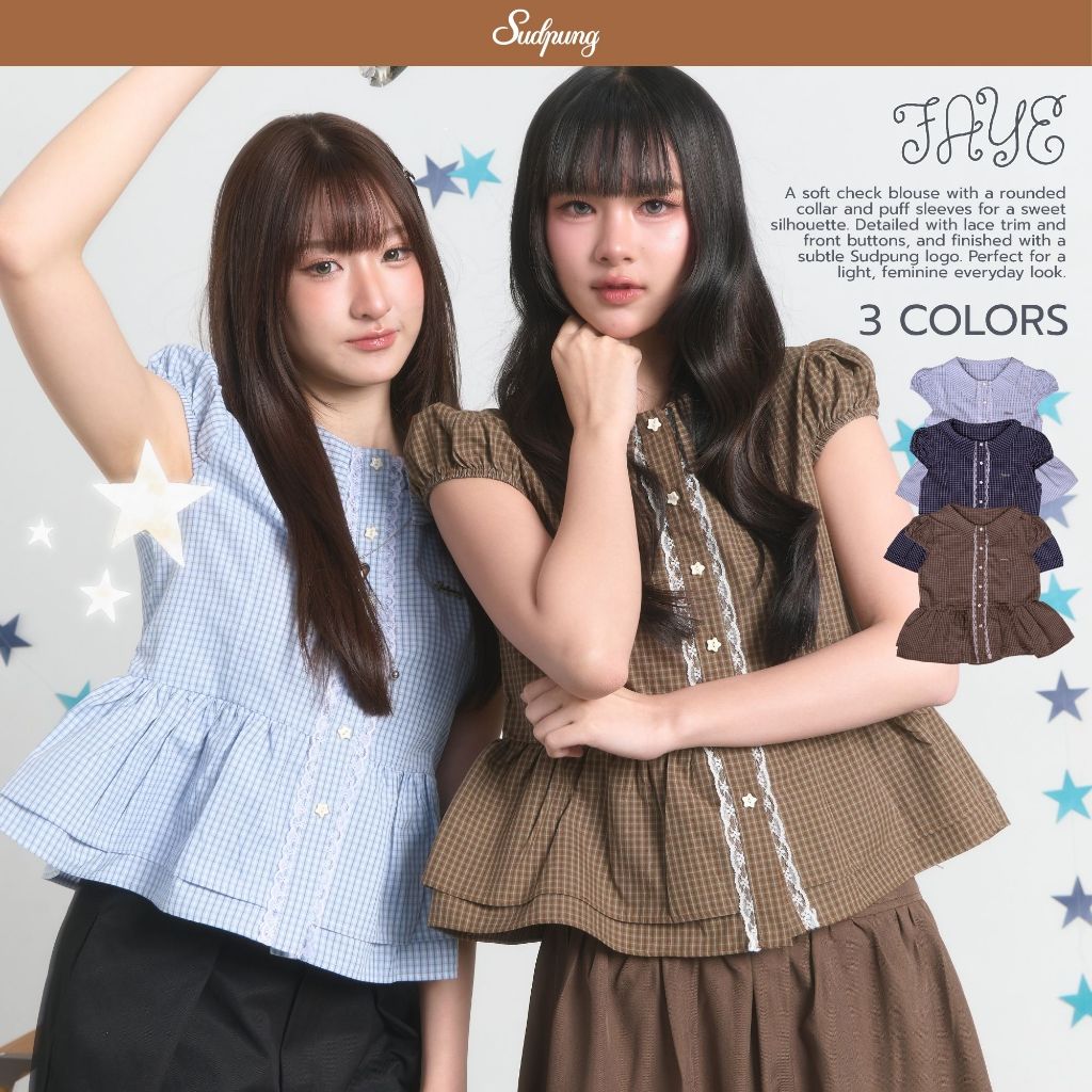 Faye_SP126 เสื้อเชิ้ตระบายลายสก็อต กระดุมดาว แขนตุ๊กตา โลโก้สุดปัง สไตล์เกาหลี