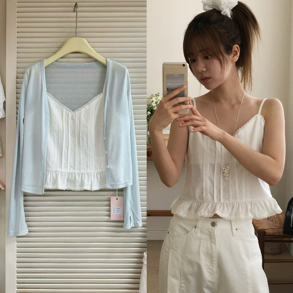 Somedays l 🐰Heart Top / Minnie Cardigan **ขายแยกชิ้น** สายเดี่ยวสีขาว ดีเทลลูกไม้/กระดุมหัวใจ + คาร์ดิแกนสีฟ้าอ่อน