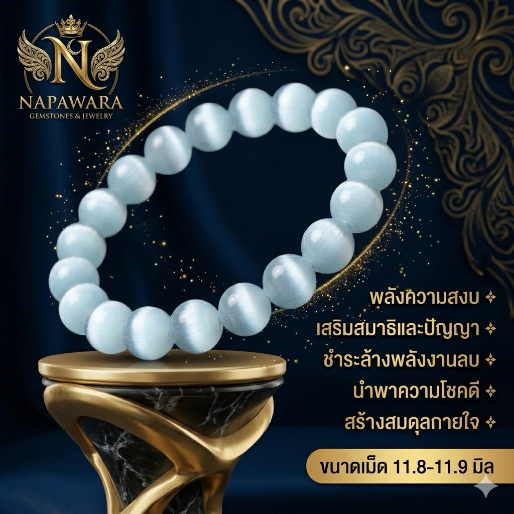 บลูเซเลไนต์ ลดความตึงเครียดของจิตใจ สร้างสมดุลอารมณ์เกรดพรีเมี่ยม หินแท้100% กำไลข้อมือ หินมงคล Fl