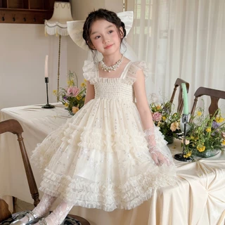 เด็กผู้หญิงชุดเดรสลูกไม้ ประดับไข่มุก ชุดออกงานสวยมากผ้าไม่คัน ชุดไปงานแต่งเด็ก