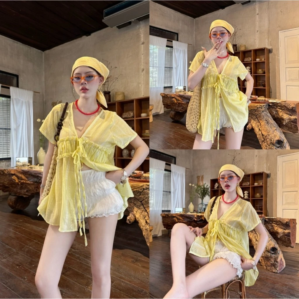 Sunshine Blouse เสื้อคอวีแขนยาวตัวยาว เสื้อคอวีแขนสั้นแต่งจีบอกผูกโบว์ที่อก ลายดอกไม้ น่ารัก เกาหลี สาวอวบ Sheeny (S051)