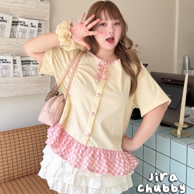 Trim Bow Knit (ฟรีไซส์38-52นิ้ว)เสื้อคอกลมแต่งสก็อต งานผ้ายูนิโคล่ กุ้นคอแต่งโบว์สก็อต เสื้อสาวอวบ [JR]