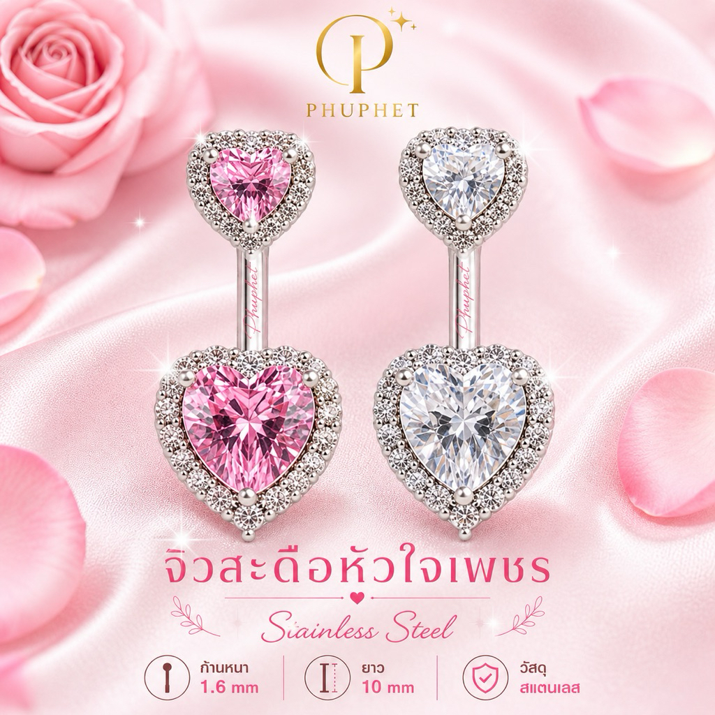 จิวสะดือสแตนเลส ทรงหัวใจดีไซน์หวานหรู พร้อมส่งจากไทย(P003) ราคา ถูกที่สุด ดีลบีเคเค