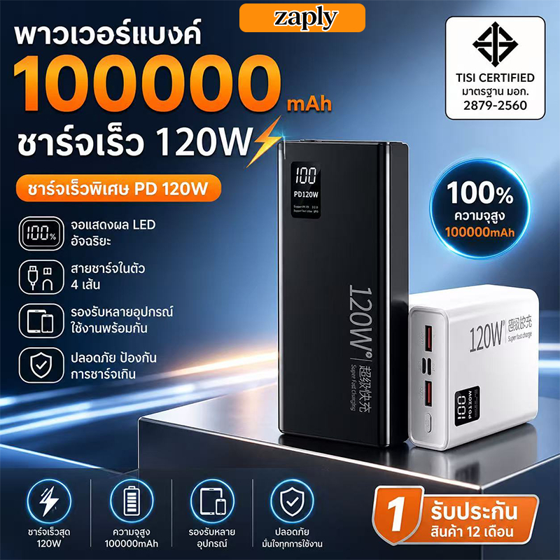 พาวเวอร์แบงค์ 100000mAh 120W ชาร์จเร็วสูง PD+QC รับประกัน 1 ปี