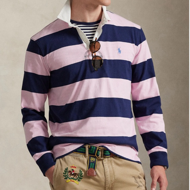 (ของแท้100%)Ralph Lauren THE ICONIC RUGBY SHIRT สีCARMEL PINK/NEWPORT NAVY (มีqr codeสแกนเช็คได้)siz