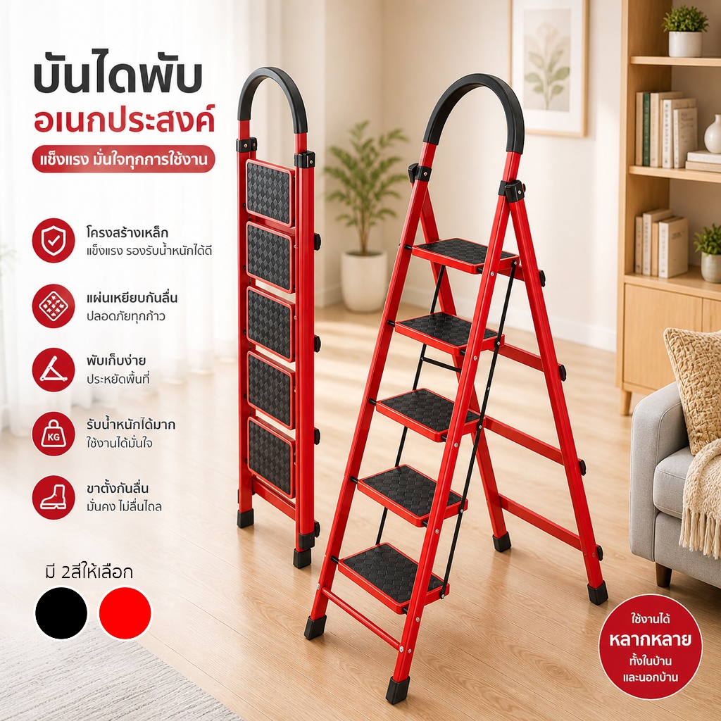 HHsociety บันไดพับได้ รุ่น DX บันไดเหล็ก สีแดง บันได แข็งแรง รับน้ำหนักได้ดี หลายขนาด พับเก็บได้  พร้อมส่ง