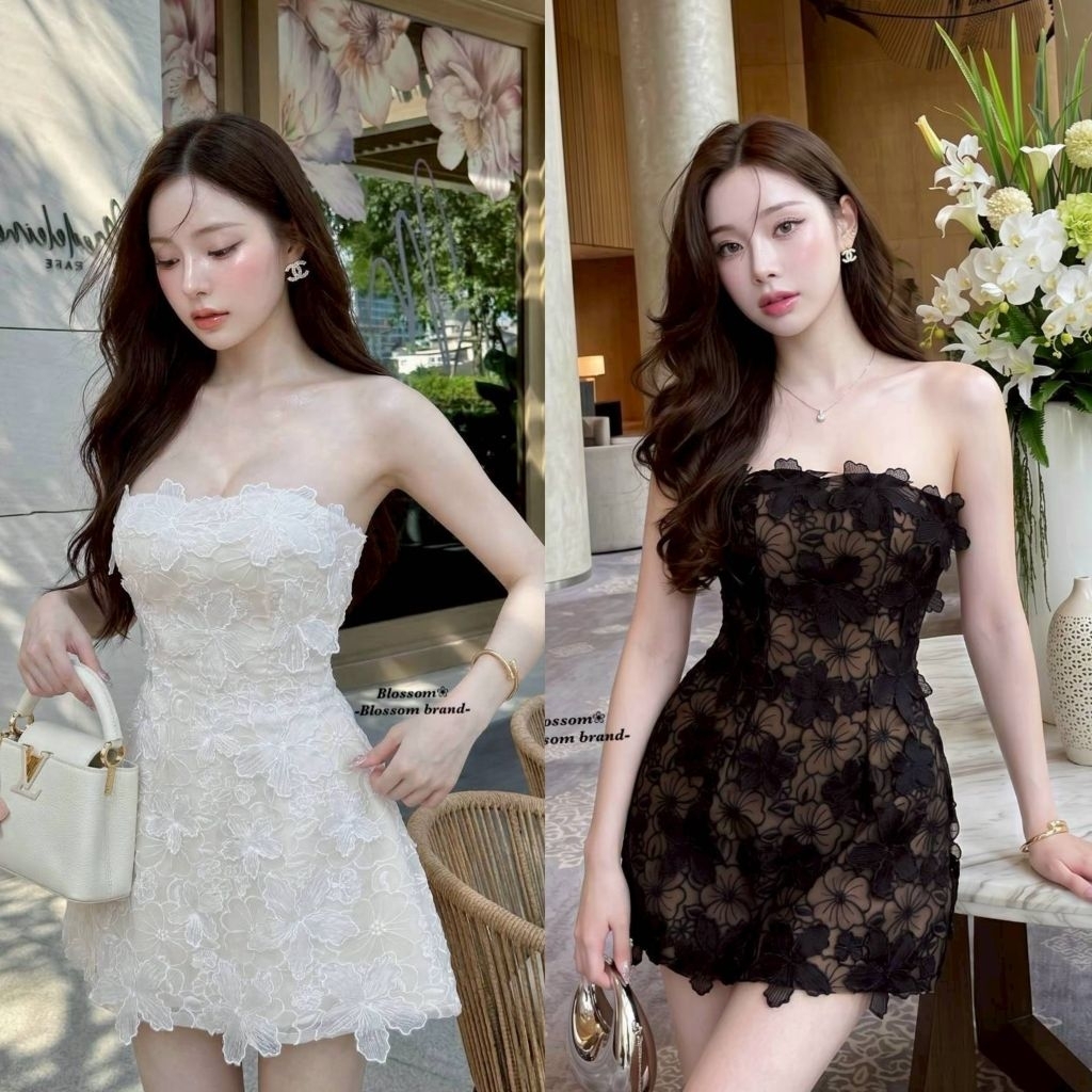 Blossom เดรสเกาะอกลูกไม้ 3D สีขาวซับในสีครีมอ่อน ให้ลุคหวานหรู ดูแพงแบบคุณหนูสุดๆ