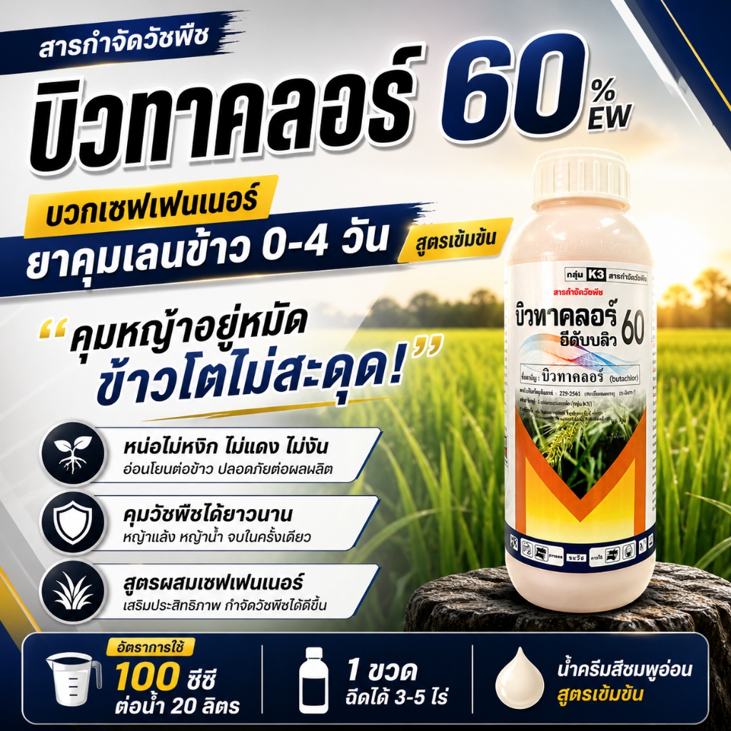 บิวทาคลอร์60%+เซฟเฟนเนอร์ (น้ำครีม สีชมพู)( 1L ) คุมเลน คุมเปียก ข้าวไม่แดง ไม่หงิก สารกำจัดวัชพืช