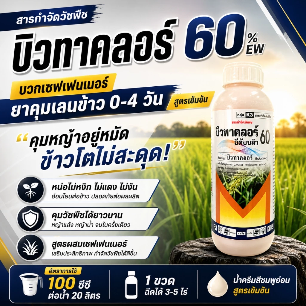 บิวทาคลอร์60%+เซฟเฟนเนอร์ (น้ำครีม สีชมพู)( 1L ) คุมเลน คุมเปียก ข้าวไม่แดง ไม่หงิก สารกำจัดวัชพืช