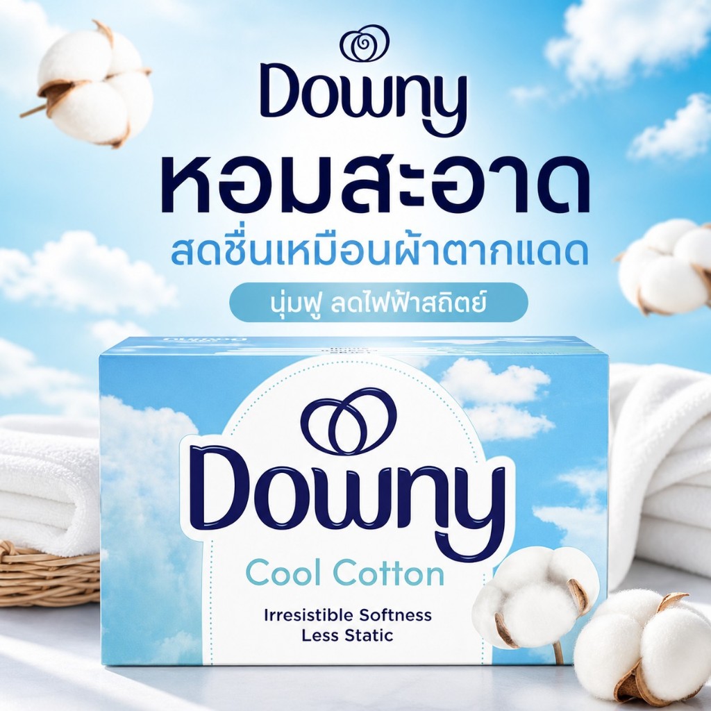 Downy Dryer Sheets แผ่นอบผ้านุ่ม กลิ่น Cool Cotton หอมสะอาดสดชื่น ลดไฟฟ้าสถิต