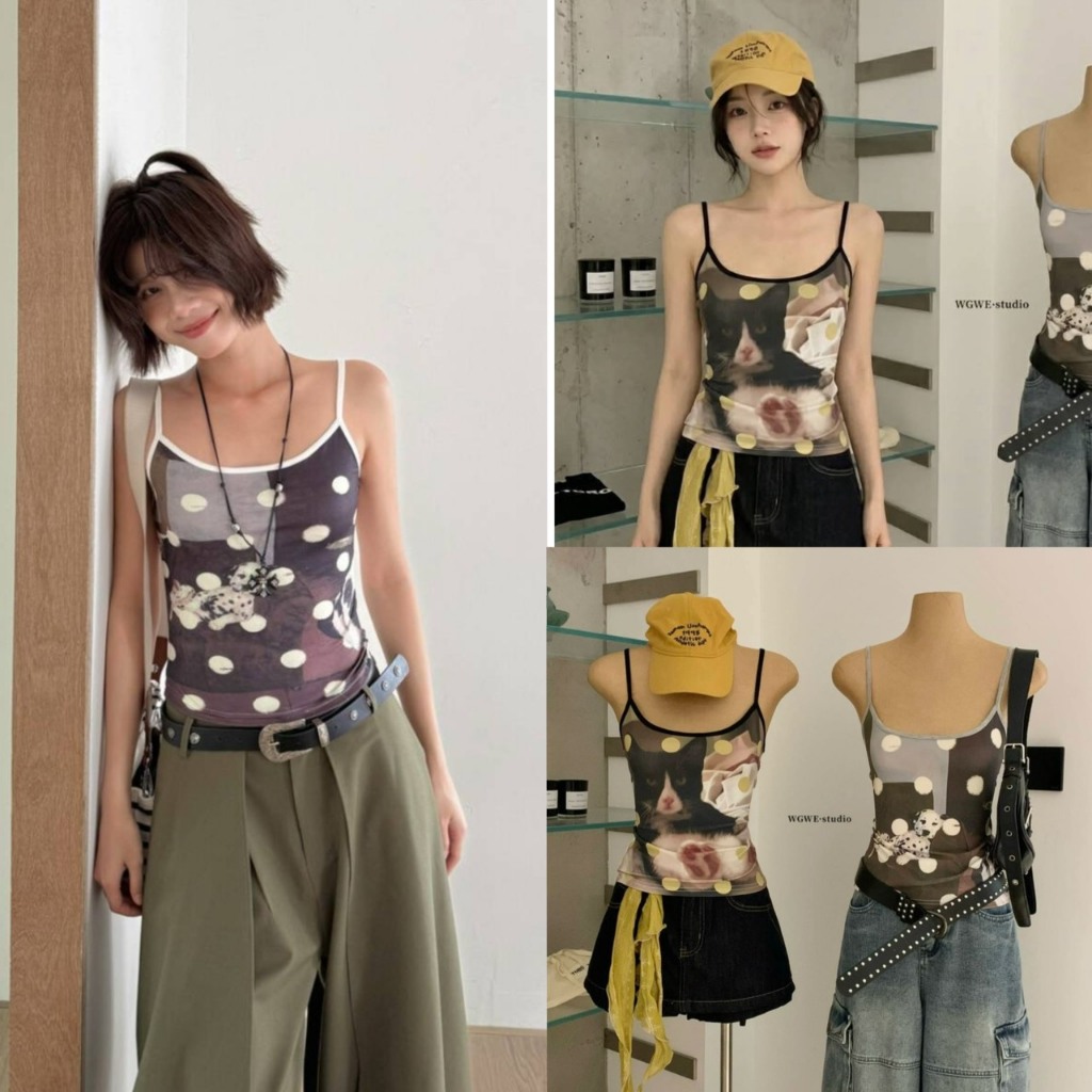 (พร้อมส่ง) เสื้อสายเดี่ยวลายPolka dotรุ่น 8542 TAG WG.WE 🇰🇷
