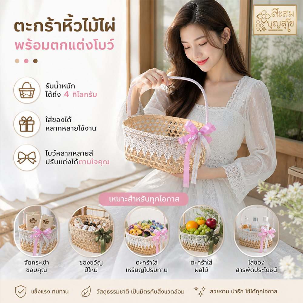 🛵มีส่งทันที ตะกร้าตกแต่ง ใส่เหรียญโปรยทาน ตะกร้าไม้ไผ่ กระเช้าผลไม้ ตกแต่งโบว์เปลี่ยนสีได้หลายแบบ  - ร้านสะสมบุญ สุโข