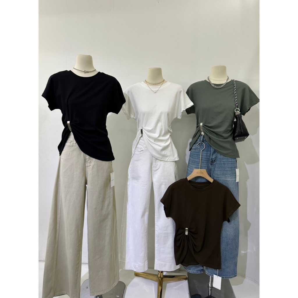 M2139 เสื้อยืดดีไซน์เก๋ แต่งอะไหล่ข้าง เอวสับ ดูแพงมาก ไอเทมใหม่ที่ต้องมีติดตู้ เสื้อยืดคอกลมแขนสั้น