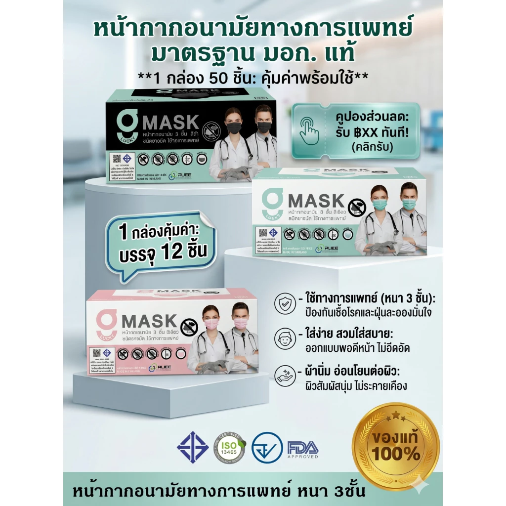 🚩Gmask 🔥Suremask G mask แมสสีขาว แมสสีดำ หน้ากากทางการแพทย์ 3 ชั้น สีดำ สีเขียว สีขาว