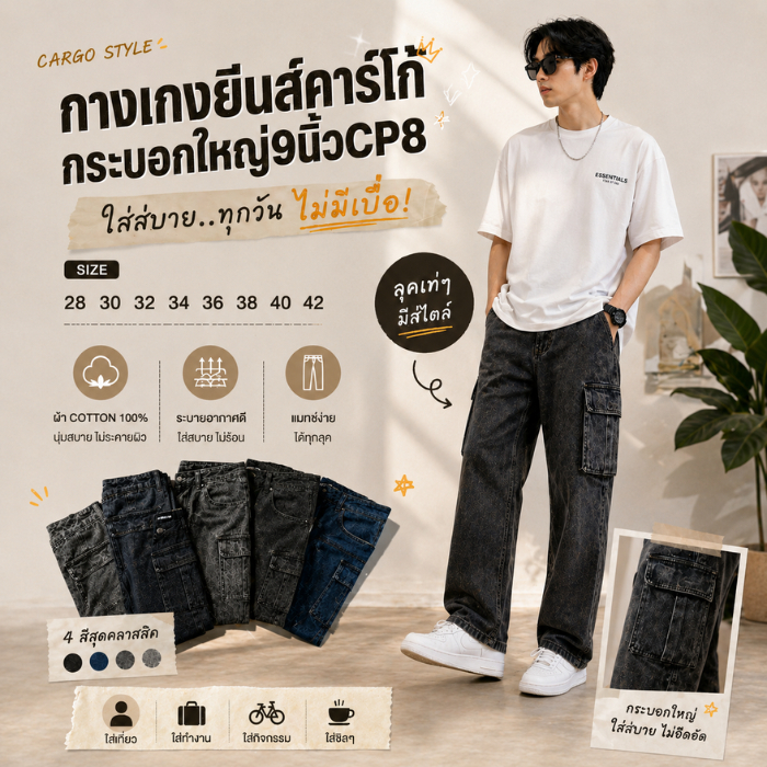 กางเกงยีนส์คาร์โก้กระบอกใหญ่9นิ้วCP8