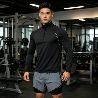 ชุดกีฬา 2 ชิ้น เสื้อแขนยาวมีซิปสีขาว + กางเกงขาสั้นวิ่ง 2 ชั้น สีเทา แห้งไว ชุดออกกำลังกายผู้ชาย